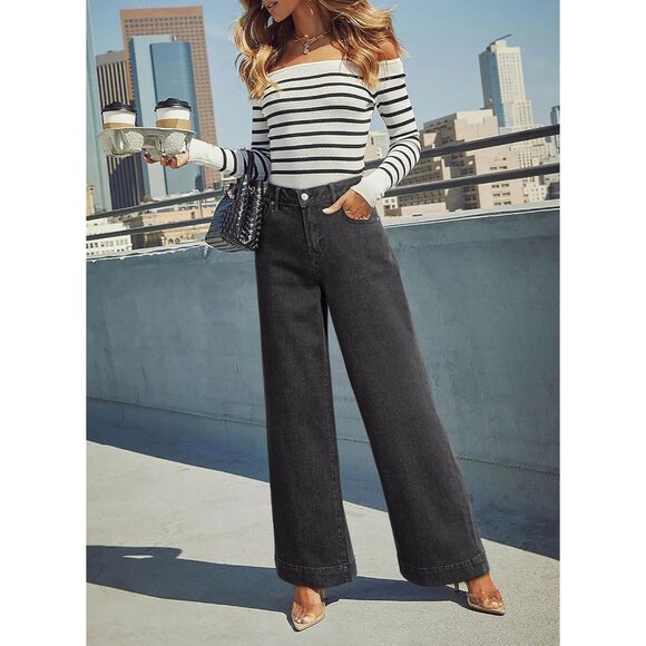 Women's Dark Grey Waisted Wide Leg Denim Jeans Stretchy Loose Pants with Pockets - Picture 4 of 6